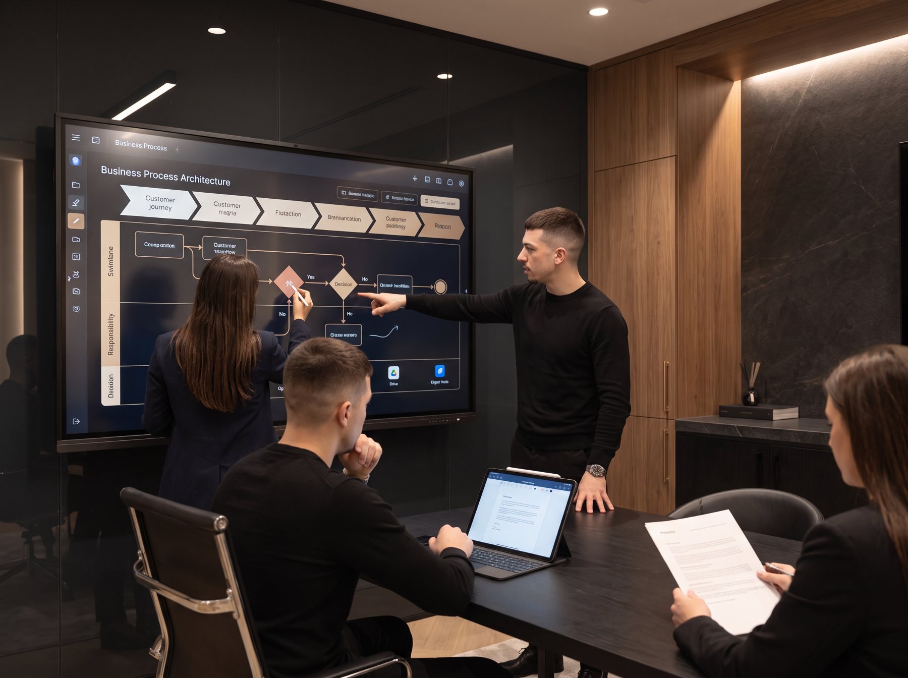 Equipo de EGANEX construyendo la arquitectura de procesos en una pizarra digital