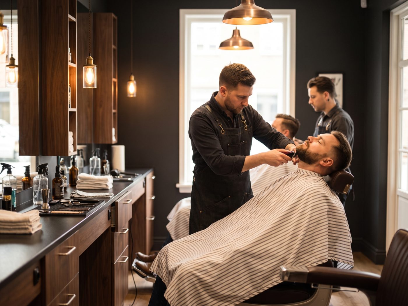 Barbero atendiendo a un cliente en una barbería