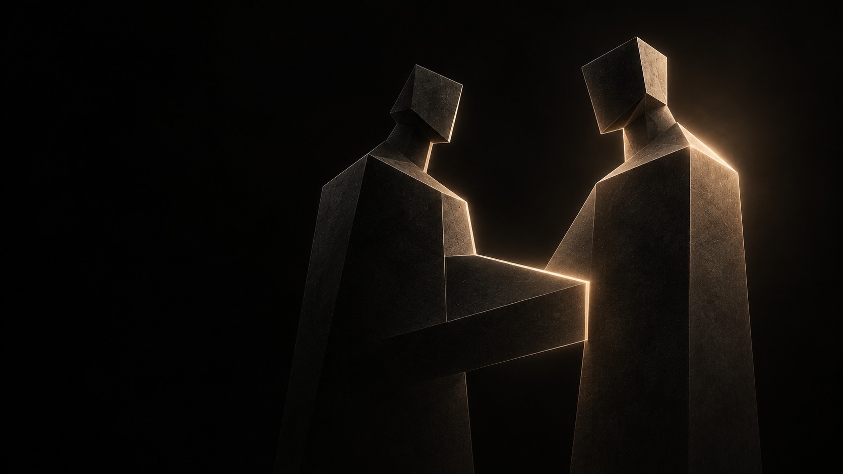 Dos figuras geométricas que se dan la mano, unidas por una línea de luz