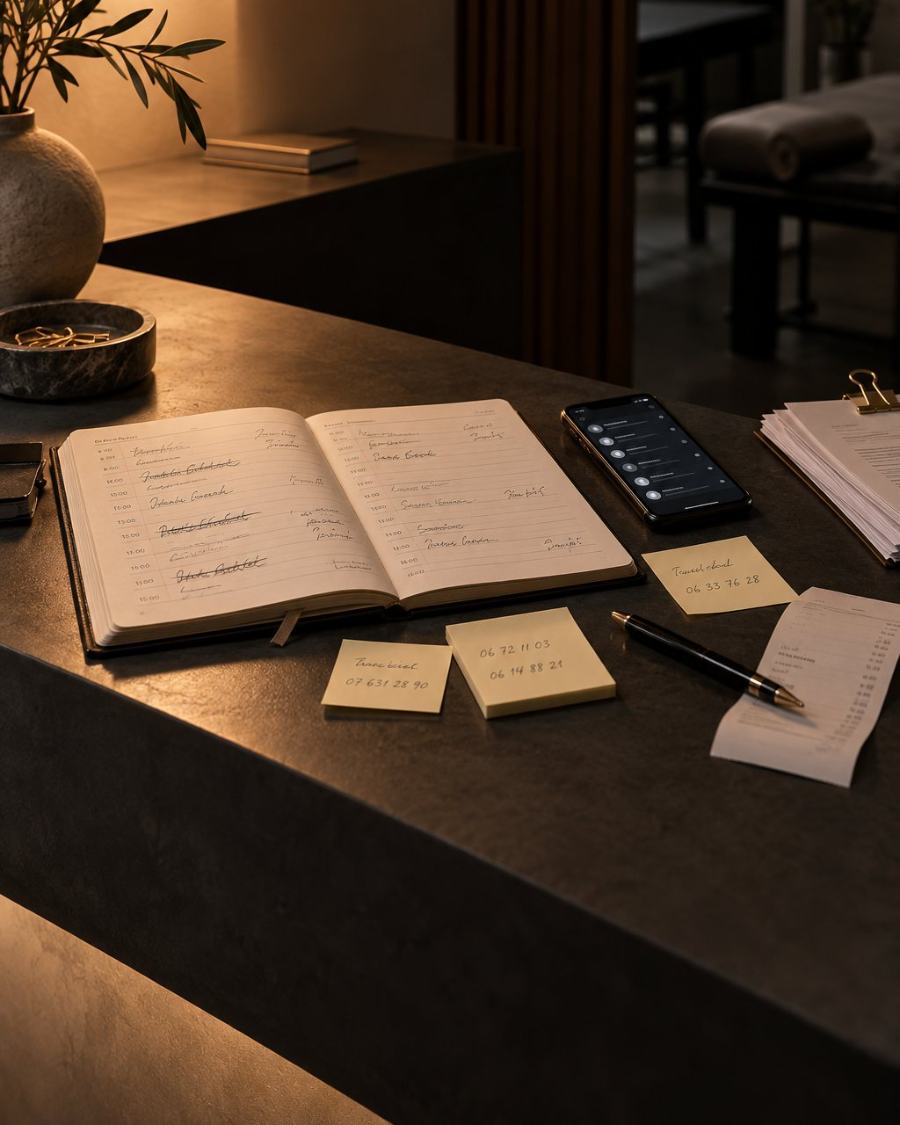 Mostrador de un negocio de servicios con agenda de papel, notas adhesivas y un móvil con avisos sin leer
